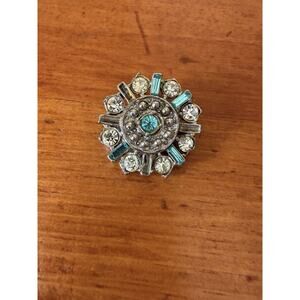 Vintage Blue & Clear Rhinestone Starburst Brooch Silver Tone Snowflake Pin